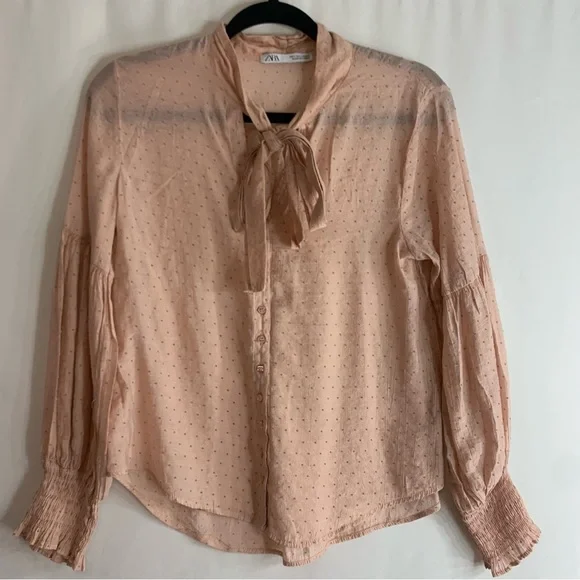 Zara Sheer Blush Pink Polka Dot Blouse with Neck Tie, Size S - Picture 2 of 8